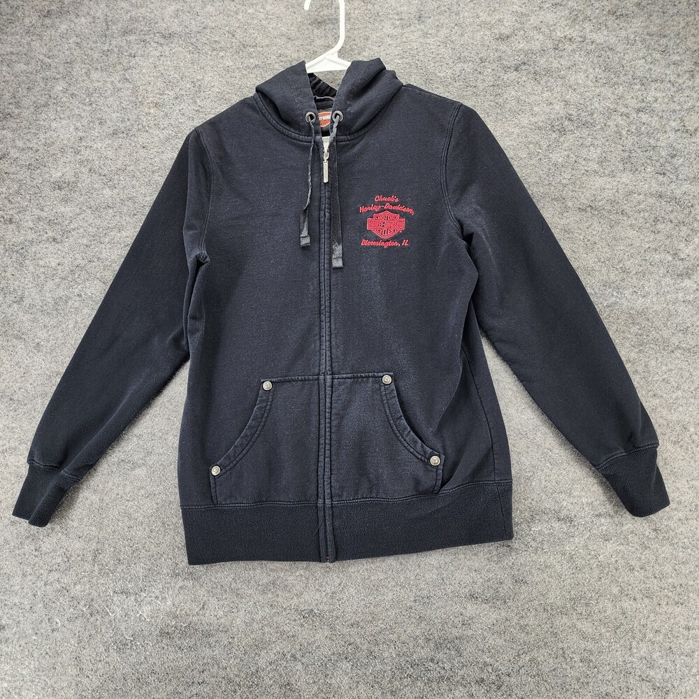 Harley Davidson Hoodie Womens Small Full Zip Black Sequin Logo Satin Lined
